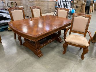 MARKOR INTERNATIONAL Traditional Style Dining Table with Wood and Iron Lyre Shaped Trestle Base and 4 Tan Cushion Chairs with Nailhead Trim and 2 Exte