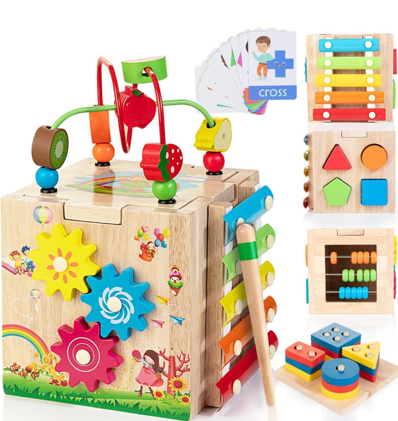 🔥NEW🔥Bravmate Wooden Activity Cube, 8-in-1 Montessori Toys, Educational Toys