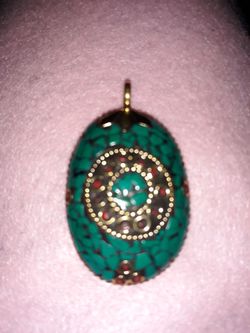 Turquoise and Red Coral Oval pendant