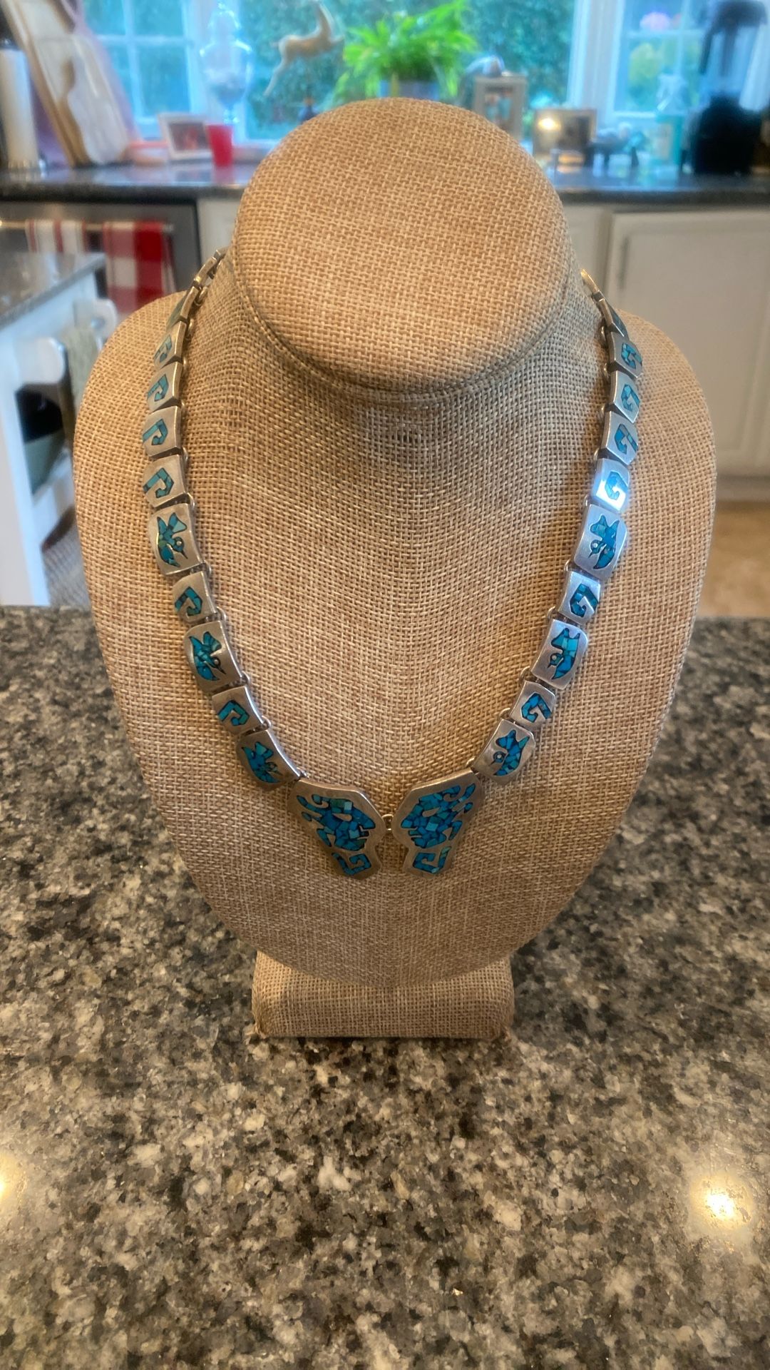 Heavy Silver Taxco turquoise inlay necklace
