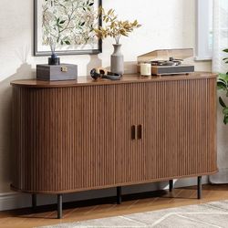 Buffet Cabinet with Storage, Fluted Buffet Sideboard (55"/Walnut) Buffet Sideboard with Sliding Door, Coffee Bar Cabinet with Adjustable Shelf, Consol