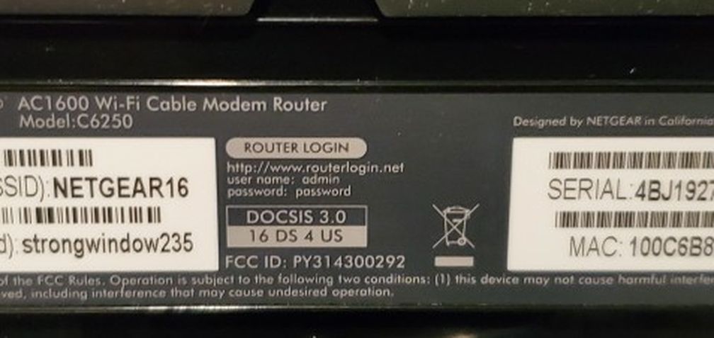 NETGEAR AC1600 model: C6250 WiFi Cable Modem Router