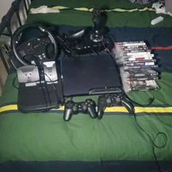 PS3 Bundle For Sale W 12+ Games, Doyo Racing Wheel And Thrustmaster Flight Controller