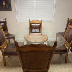 Tropical Dining Table With 6 Leather Cowhide Chairs 
