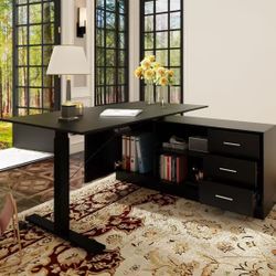 Home Office L Shaped Electric Standing Desk with Drawers and Shelves
