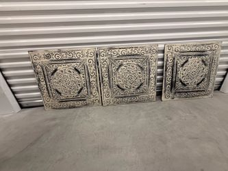 Pottery Barn Vintage Tin Tile Wall Art Set – Boho Mandala Decor (Set of 3)