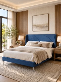 Queen Size Blue Upholstered Bed Frame with Wingback Headboard – Modern Platform Bed, New in Box