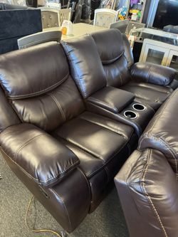 Loveseat And Sofa — Leather Recliner Brown With Plush Seating — Easy Financing ✨