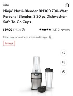 Ninja Nutri-Blender Bn300wm 600-Watt Personal Blender, 1 Dishwasher-Safe To-Go Cup