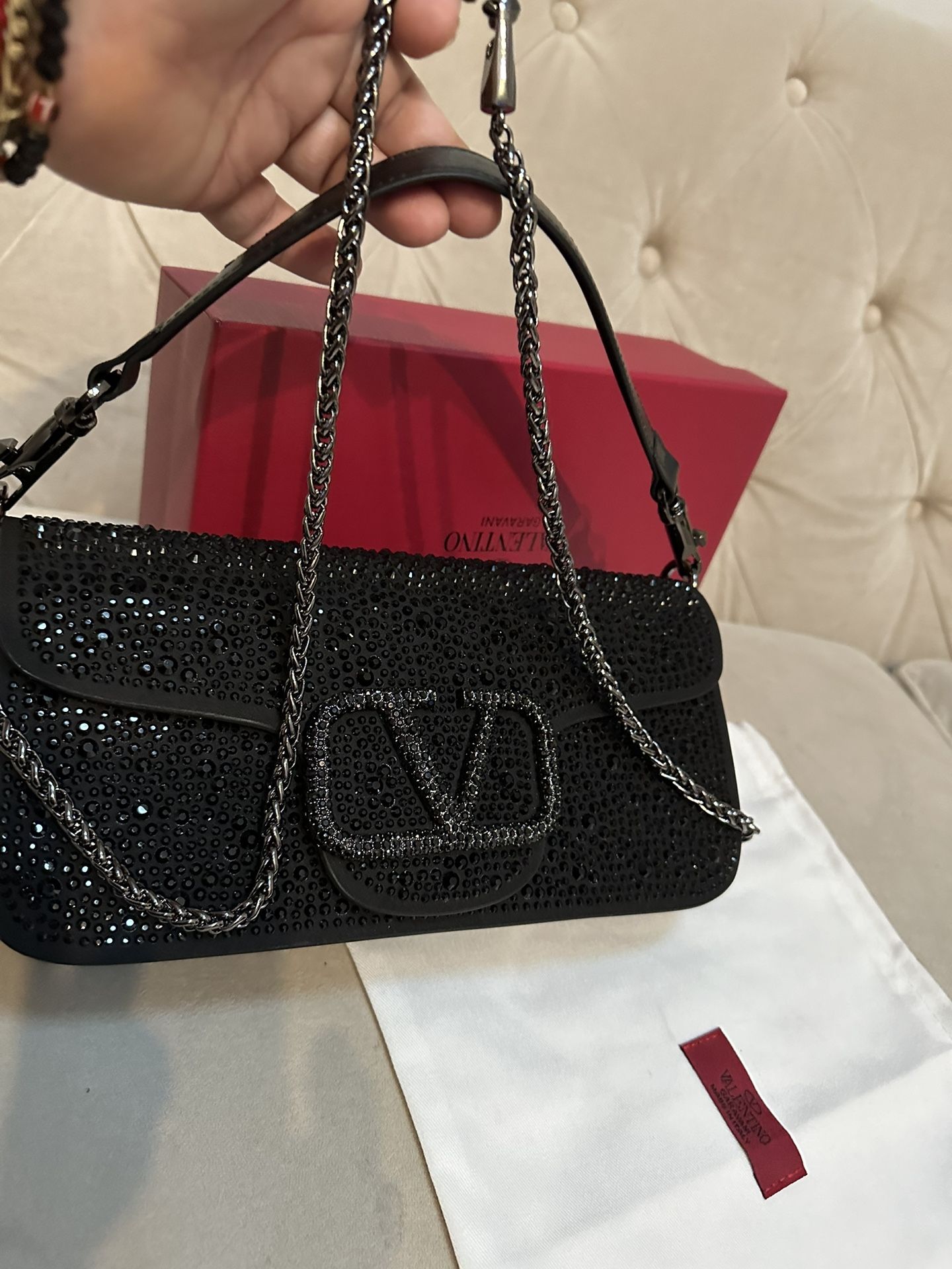 VALENTINO Garavani Loco VLOGO Small Leather Black Crystals Shoulder Bag