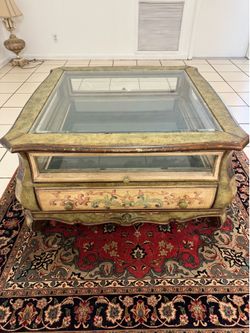 MOVING SALE- Elegant Elegant Hand-Painted Glass Top Coffee Table with Display Case & Storage Drawer
