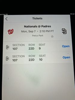 2 PADRES/ NATIONALS TICKETS, MONDAY, 9/7, SEC 107, ROW 22D