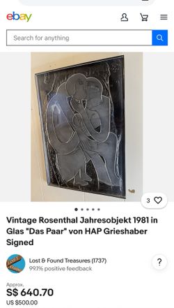 Vintage Rosenthal Jahresobjekt 1981 in Glas "Das Paar" von HAP Grieshaber Signed 12”x17” Art From France ,