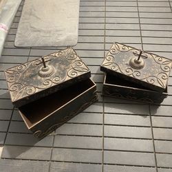 Antique Metal Wood Storage Boxes