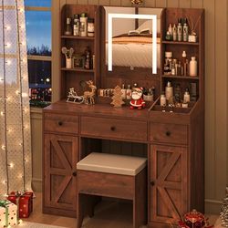 43"W Farmhouse Large Vanity Set w/Mirror and Stool and Lights,LED Vanity Makeup Desk w/Power Outlet,3 Drawers 2 Cabinets,11 Storage Shelves, Rustic Wh