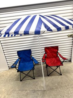 Folding Camping Chairs Set of 2 Blue Red + Beach Umbrella Striped Used