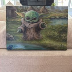 Baby Yoda Thomas Kinkade Wrapped Canvas