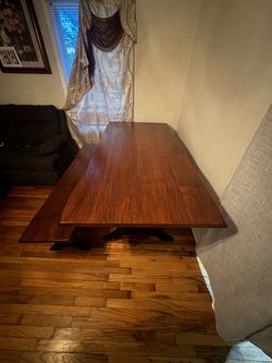 River City Foundry DT80 solid chestnut wood dining table with original cast-iron bases