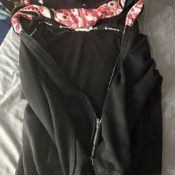 pink and black double hoodie bape jacket 