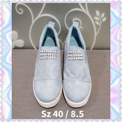 WOMENS EMBELLISHED BABY BLUE INNER WEDGE HEEL SHOES SIZE 8.5 
