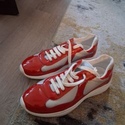 Red & White Pradas (Women Size 9)-  Designer Leather Shoes