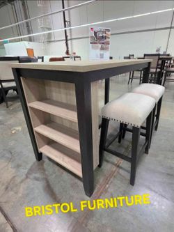 🏆 Dining Set 5 pc, Counter Height, Black Frame, Top Light Gray, Storage Shelves, New in the Box.