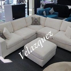 ✅️✅️4 pc ivory cordury fabric upholstered sectional sofa with ottoman✅️✅️