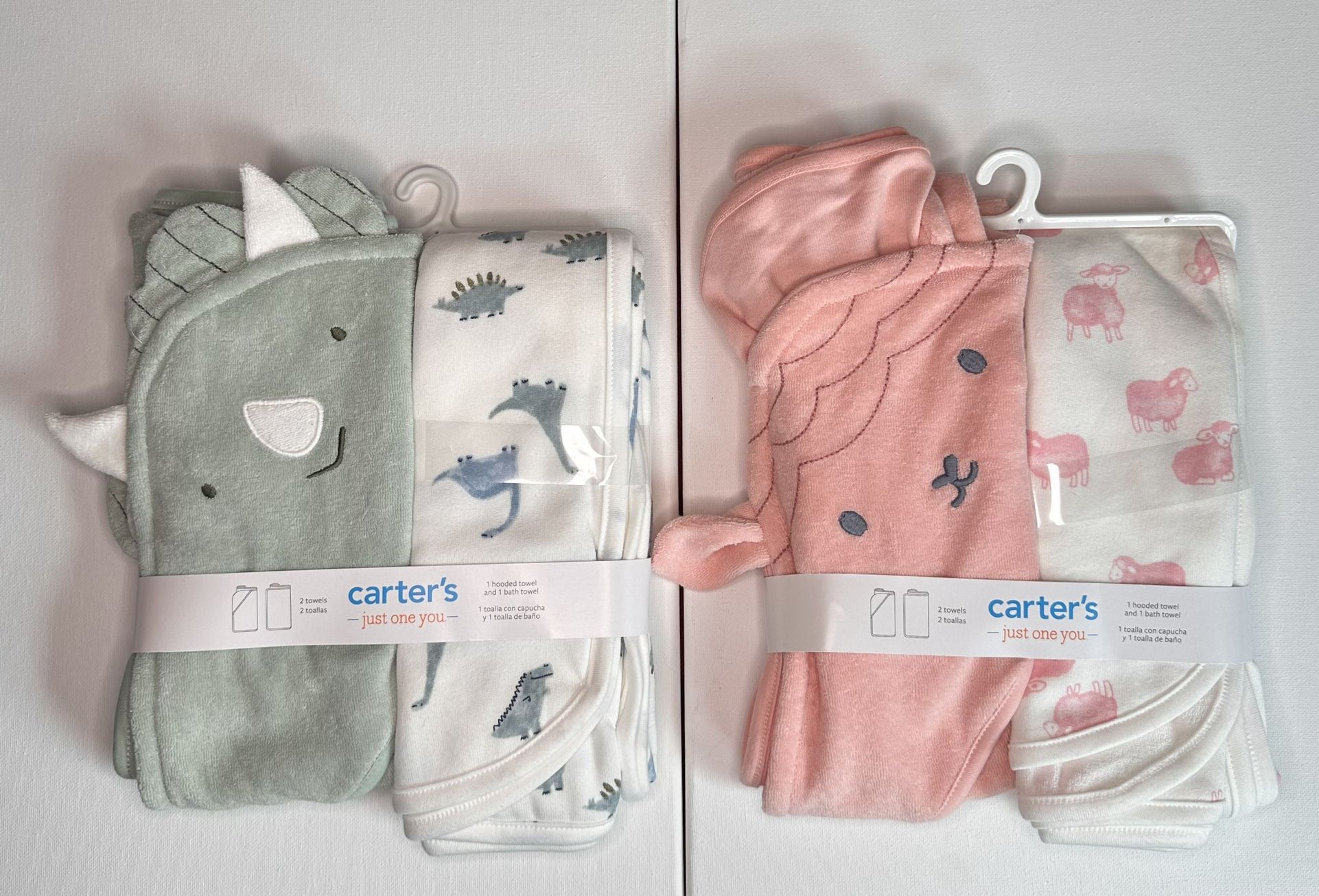 2X Carter's Baby Just One You Pink Sheep/Green Dinosaur Towel Set Hooded & Bath
