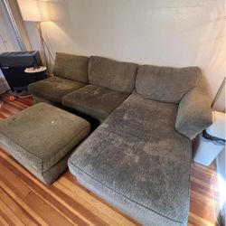 Couch & Ottoman - Brown Upholstered w/ Chaise