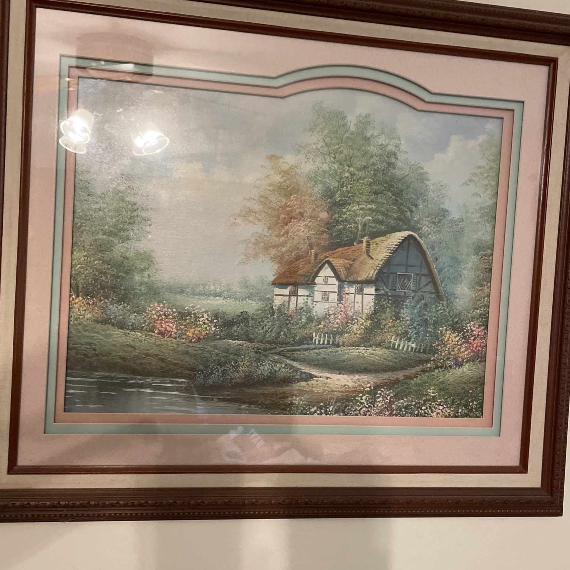 2 Framed& Triple Matted House & Girl Picking Flowers