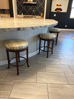 Set of 3 Traditional Wood & Blue-Stripe Barstools (Ideal for Reupholstery / DIY Project)