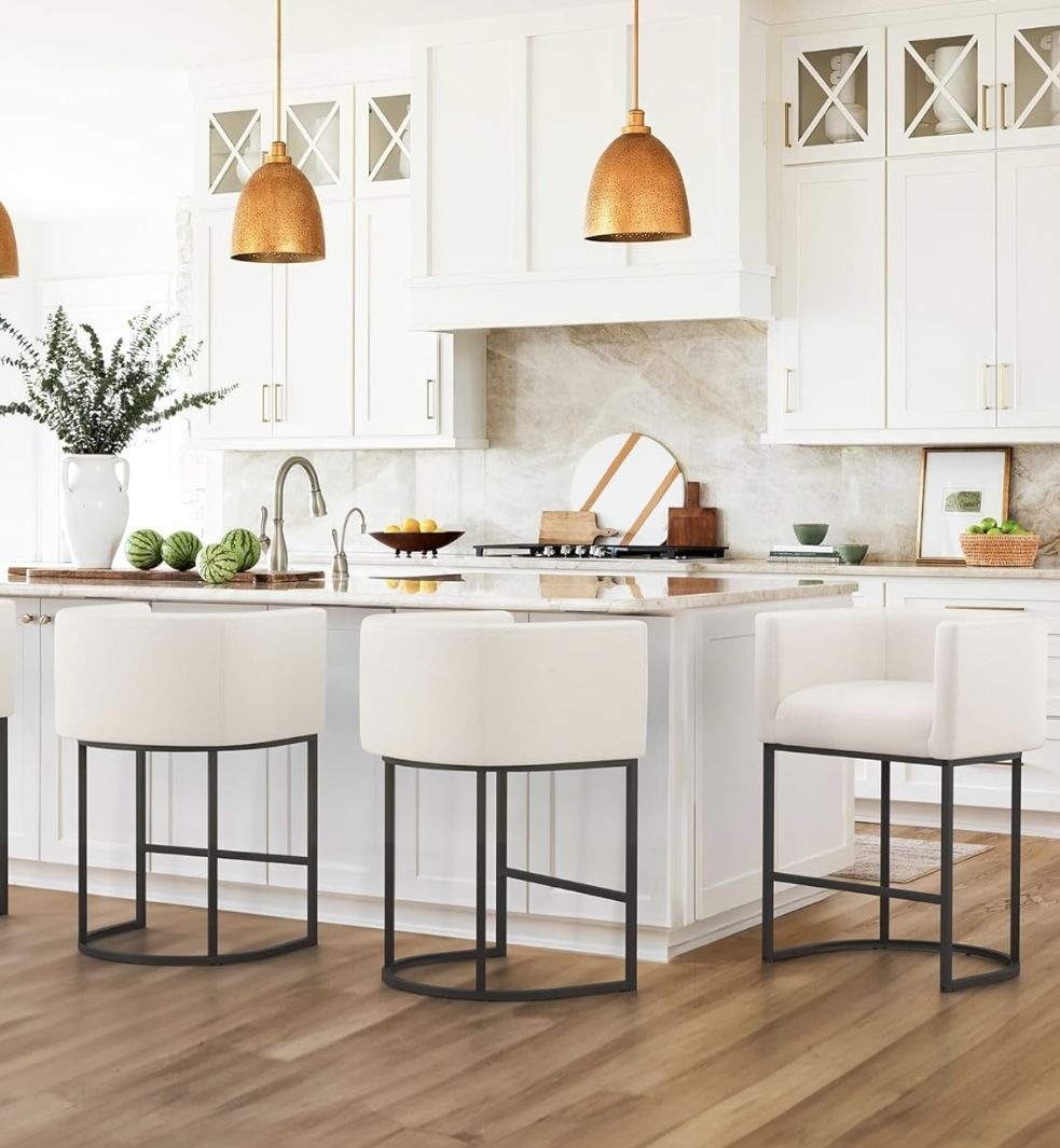 Set of 3, Modern Barrel Counter Stools with Backrest and Arms