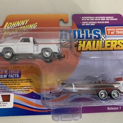 Johnny Lightning Hulls Haulers 1965 Chevy Stepside Boat And Trailer Metallic Red 