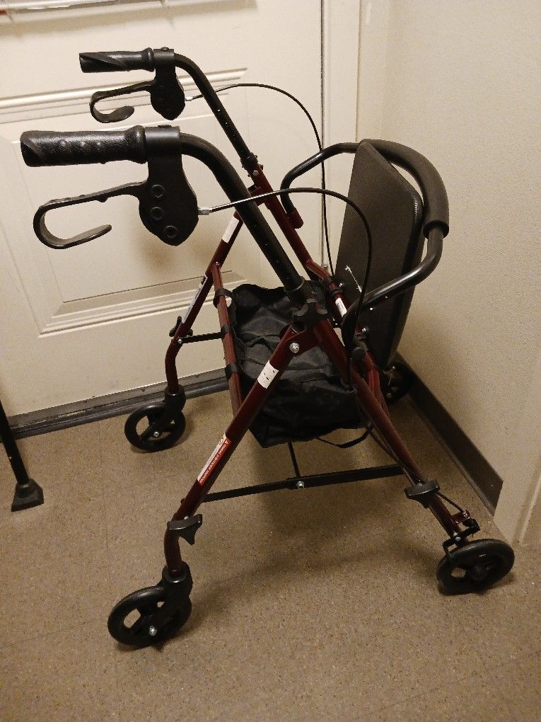 Medline 300 Lb Capacity Walker Burgundy Like New Only Used Once Or Twice Good Brakes Great Seat Unbreakable Wheels Nice Indoor Outdoor Use!