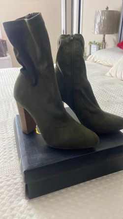 Olive green high heel knee high boots