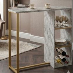 Gold And Faux White Marble Bar Table With Wine Rack