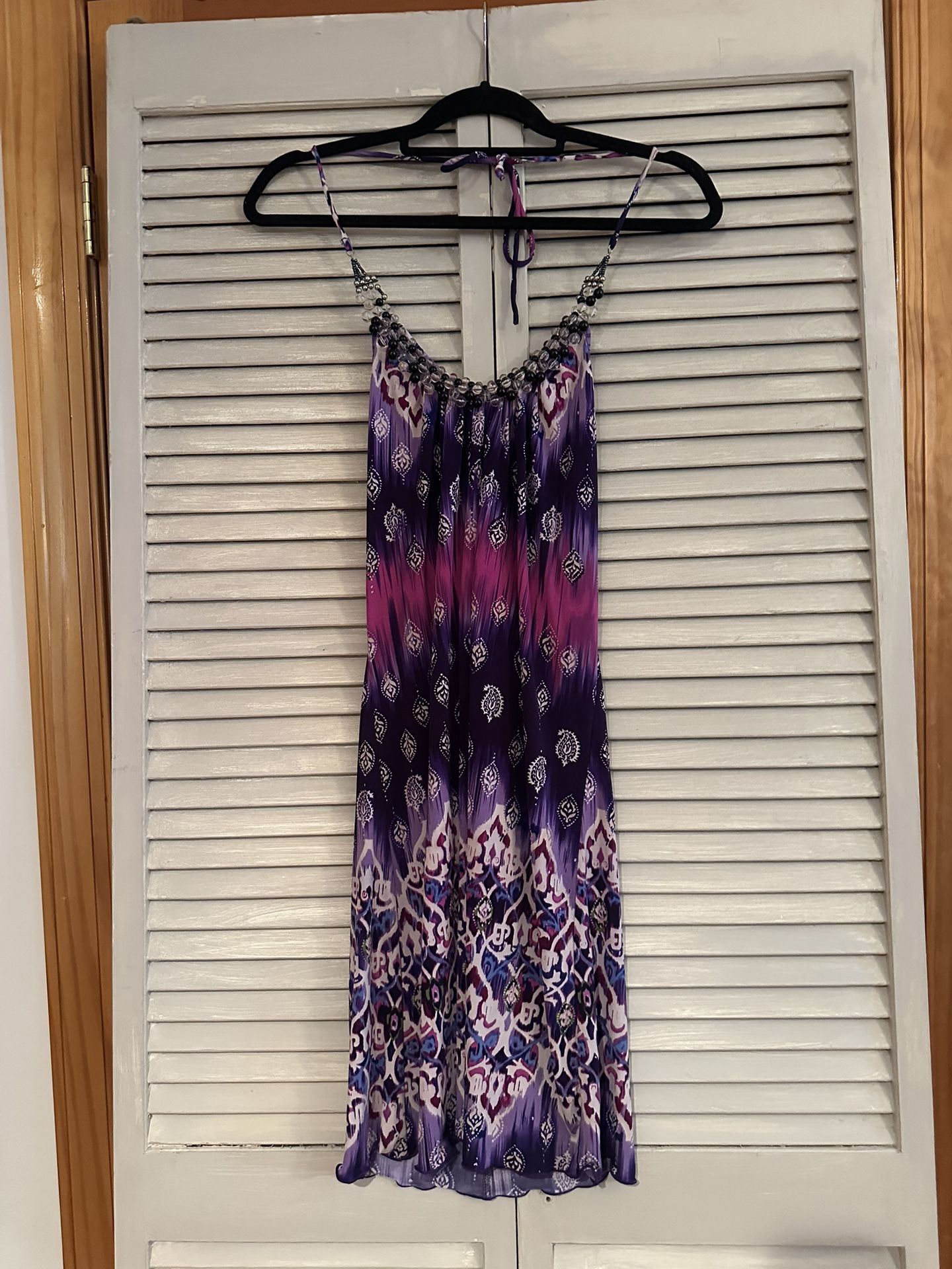 IZ Byer Purple Paisley Print Halter Beaded Dress Size XS