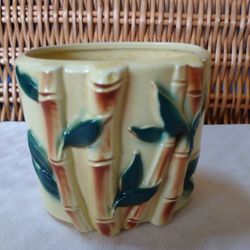 ROYAL COPLEY YELLOW & GREEN BAMBOO PLANTER VTG VASE