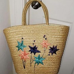 VINTAGE SHOOTING STAR FLORAL FLOWER WOVEN STRAW RAAFIA BASKET DUFFLE TOTE SATCHEL PURSE HANDBAG BAG