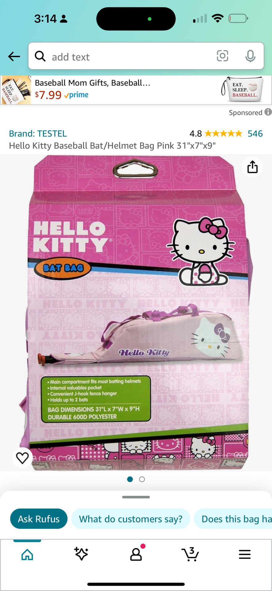 Hello Kitty Baseball Bat/Helmet Bag Pink 31"x7"x9"