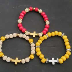 Wood Beads Bracelets With Cross Sets Of 3