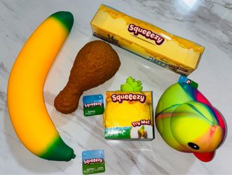 Set of 5 Sunny Days Squeezy Toys Squishy Banana Butter Pineapple Duck Chicken Leg