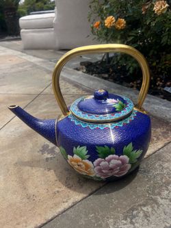 Blue Cloisonné Teapot Gold Handle Floral Design