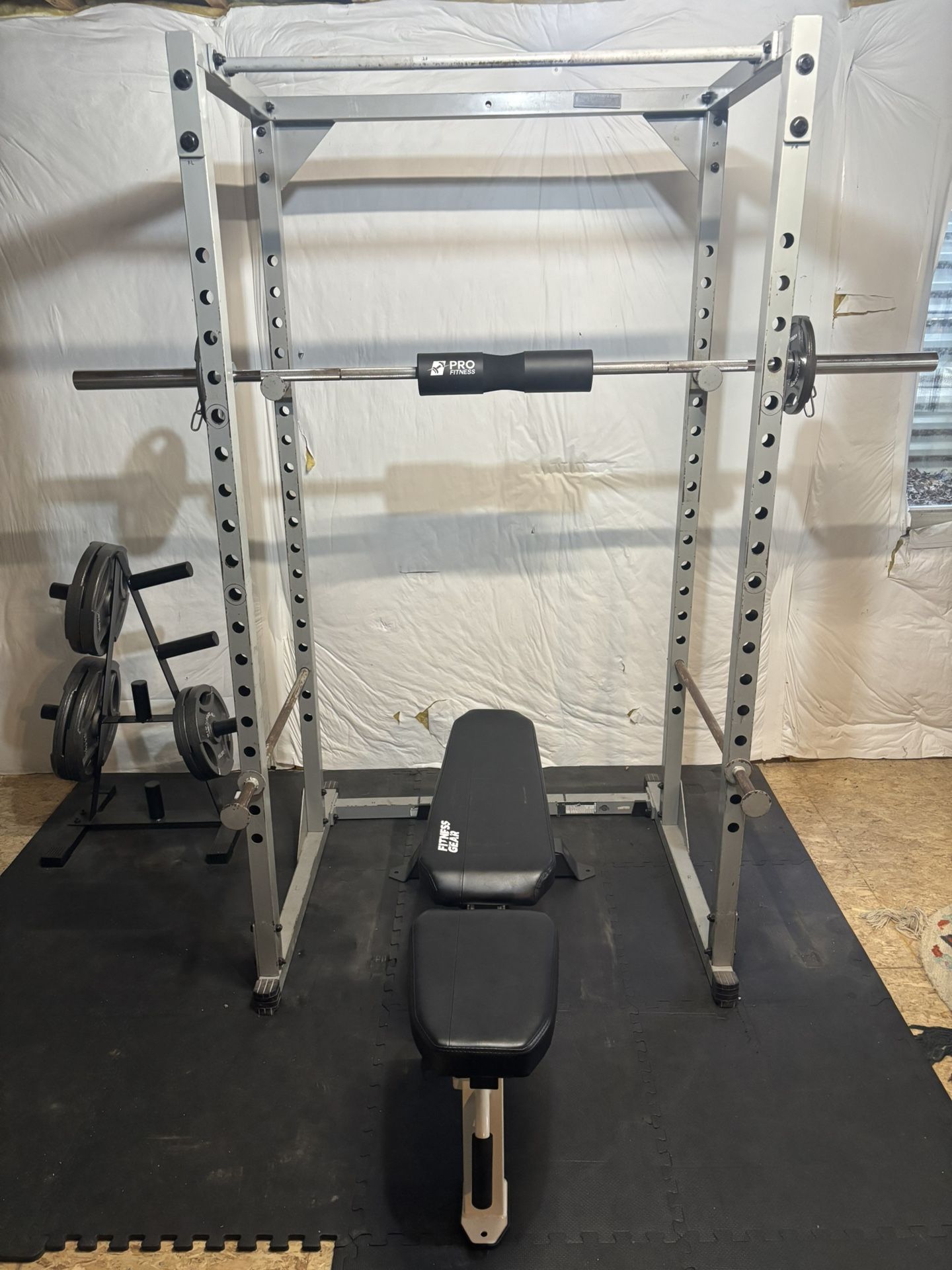 Home Gym Package: Squat Rack, Bench, 45lb Olympic Bar, 230lbs Weights + Plate Rack