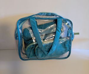 Bag Travel Tote Clear & Turquoise Cosmetic & Accessories Bag Set with 3 Teal Pouches & Mirror