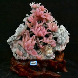 Natural Pink Xiu Jade Plum Blossom & Bird Sculpture