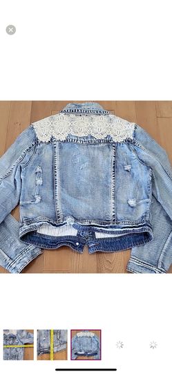 Z Supply Denim Crop Jacket Distressed Crochet Detail Button Closure Large