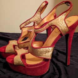 Womens Size 6.5 Strappy Platform Stilettos Hi Heels Shoes By I Promise. Glittery Gold On Dark Red Velvet Suede, Only Tried On 6 1/2