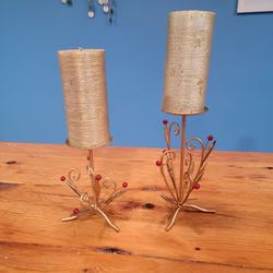 Gold Tone Metal Standing Candle Holders ~ Set Of 2 With New Gold Glitter Candles