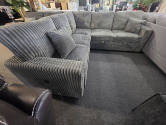 BRAND NEW 90" x 90" GRAY CORDUROY SECTIIONAL SOFA SLEEPER AND STORAGE CHAISE